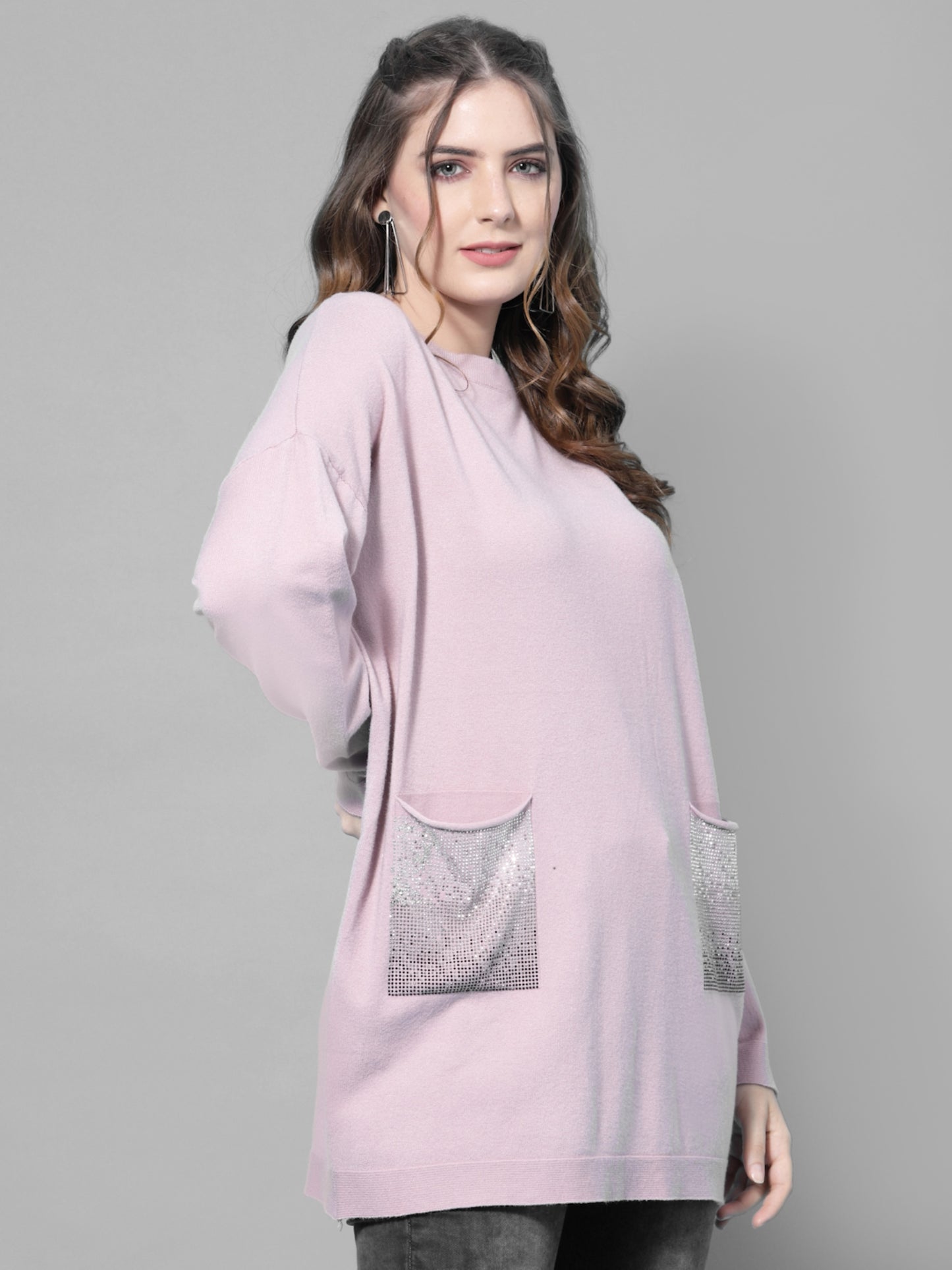 Mafadeny Women Peach & Silver-Toned Longline Pullover with Embellished Detail