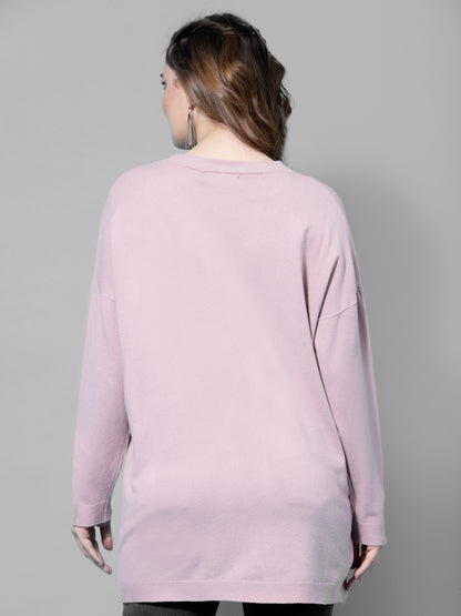 Mafadeny Women Peach & Silver-Toned Longline Pullover with Embellished Detail