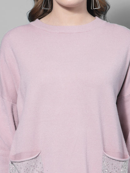 Mafadeny Women Peach & Silver-Toned Longline Pullover with Embellished Detail