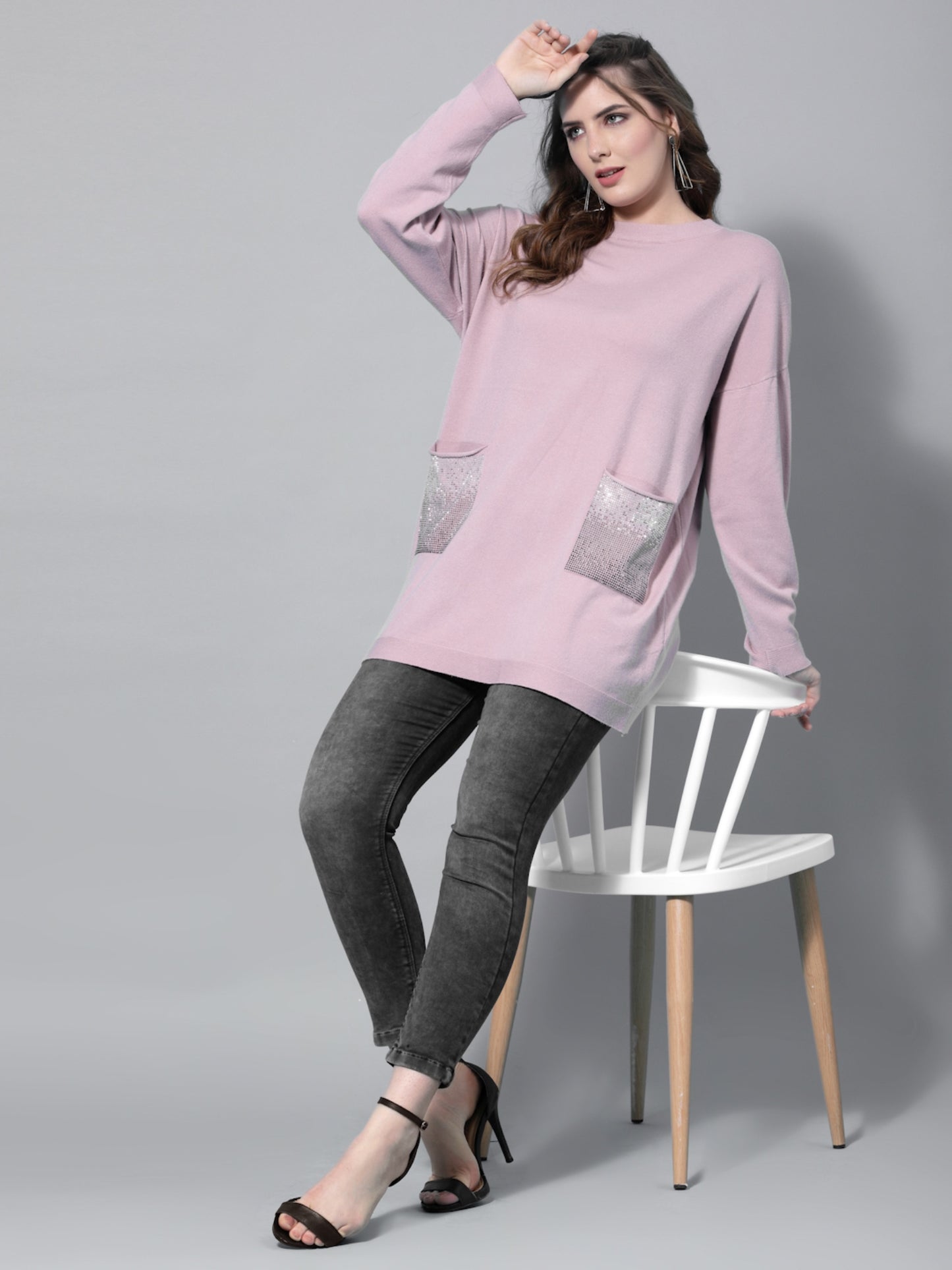 Mafadeny Women Peach & Silver-Toned Longline Pullover with Embellished Detail