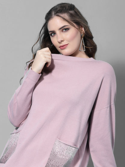 Mafadeny Women Peach & Silver-Toned Longline Pullover with Embellished Detail