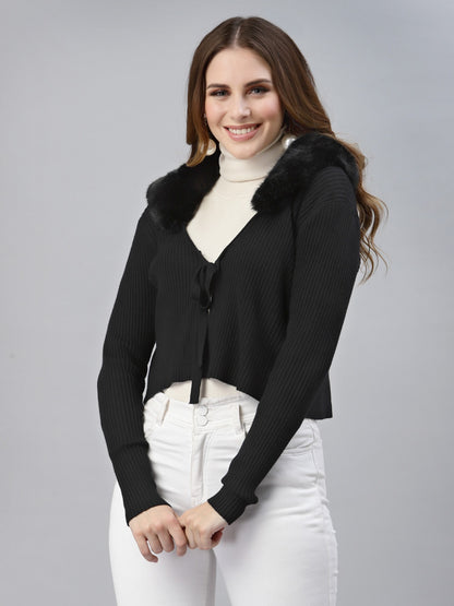 Mafadeny Women Black Crop Cardigan with Fuzzy Detail