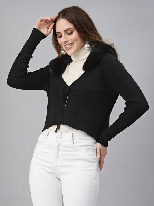 Mafadeny Women Black Crop Cardigan with Fuzzy Detail