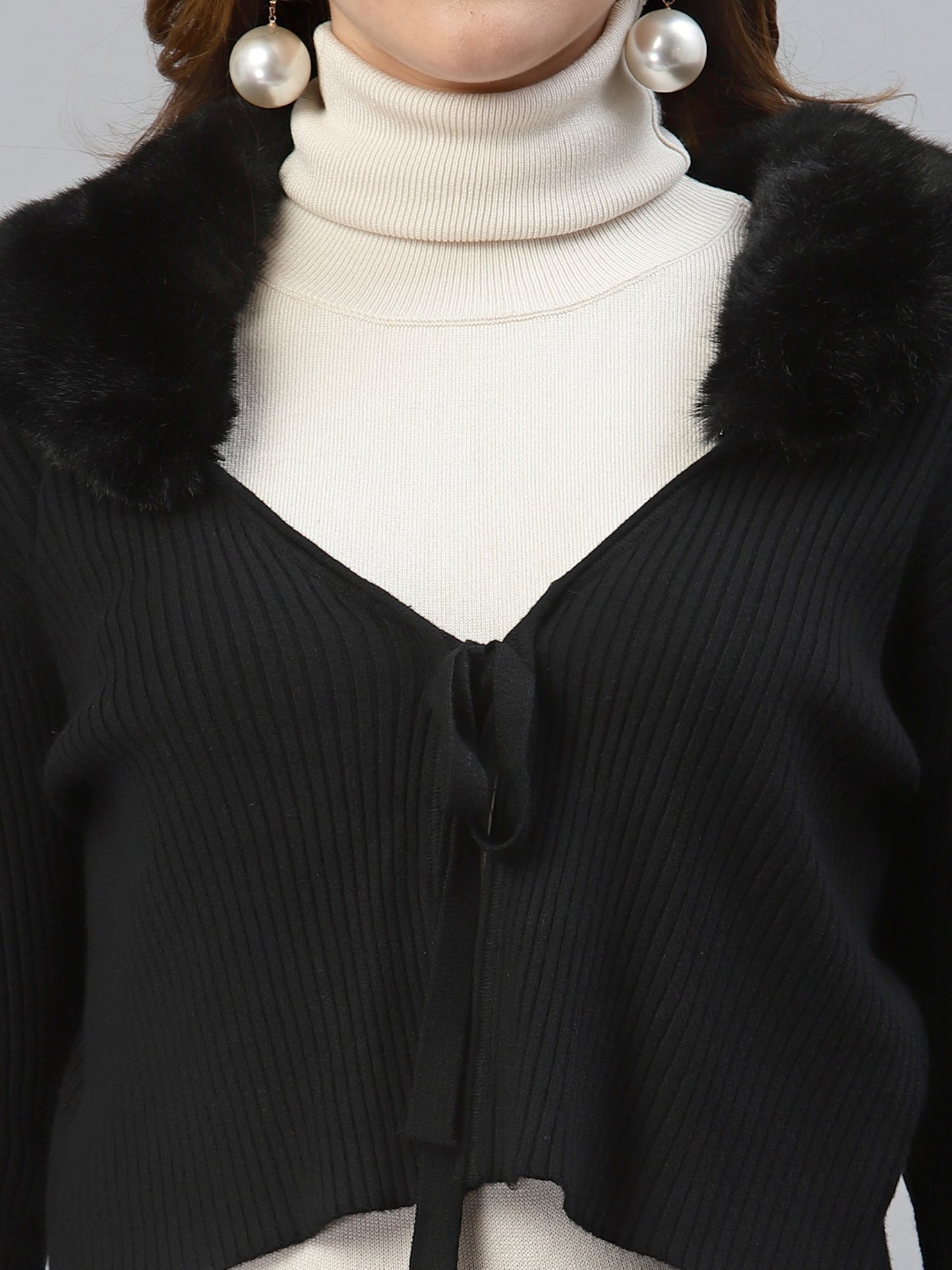 Mafadeny Women Black Crop Cardigan with Fuzzy Detail