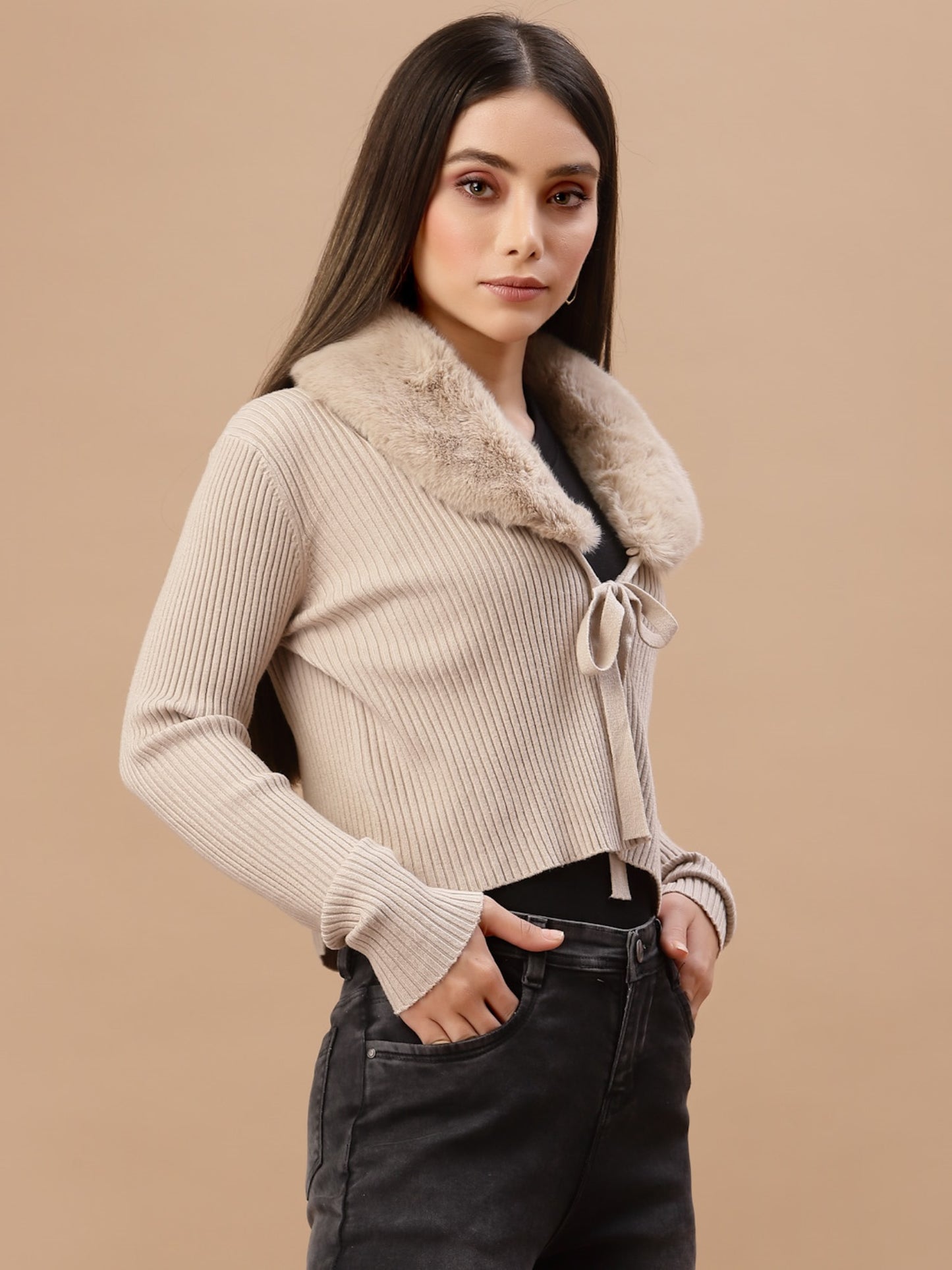 Mafadeny Women Fawn Crop Cardigan with Fuzzy Detail