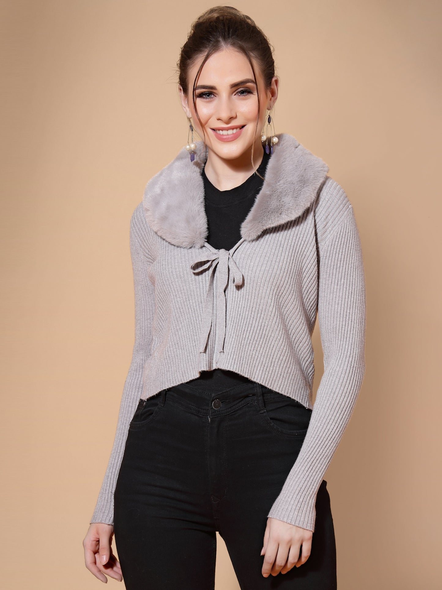 Mafadeny Women Grey Crop Cardigan with Fuzzy Detail