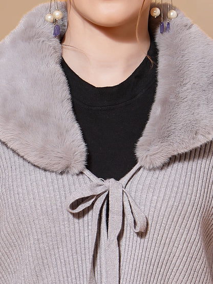 Mafadeny Women Grey Crop Cardigan with Fuzzy Detail