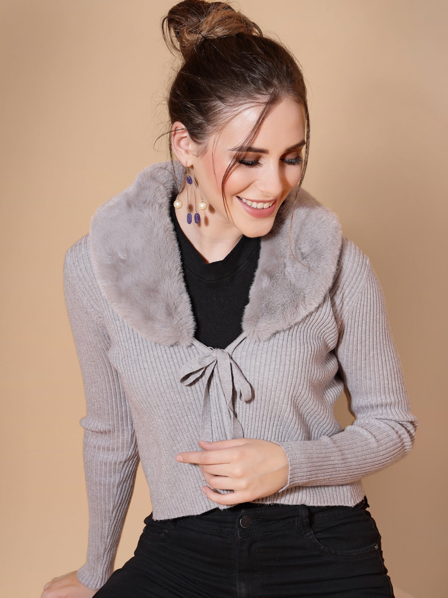 Mafadeny Women Grey Crop Cardigan with Fuzzy Detail