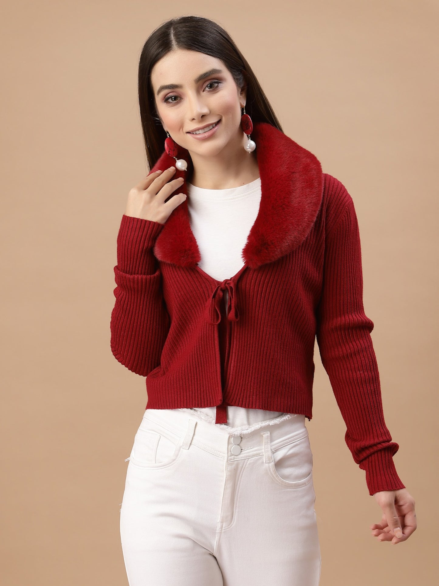 Mafadeny Women Mehroon Crop Cardigan with Fuzzy Detail