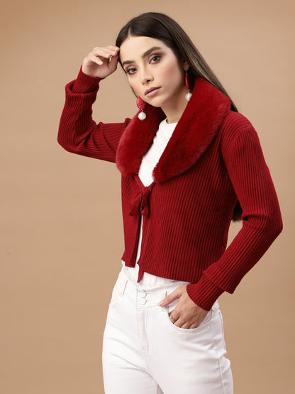 Mafadeny Women Mehroon Crop Cardigan with Fuzzy Detail