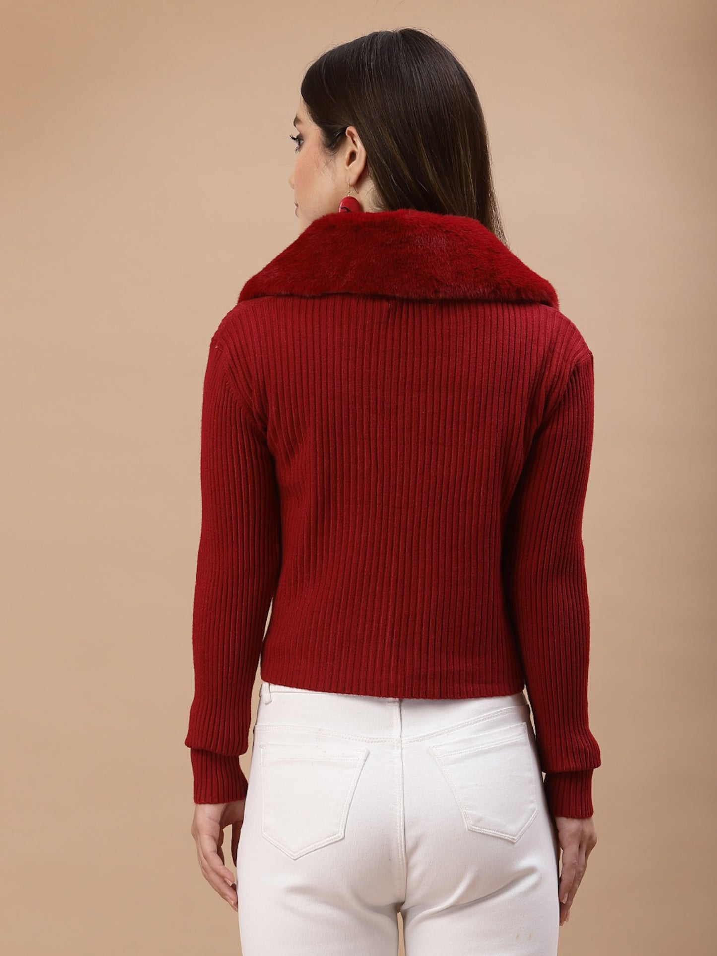 Mafadeny Women Mehroon Crop Cardigan with Fuzzy Detail