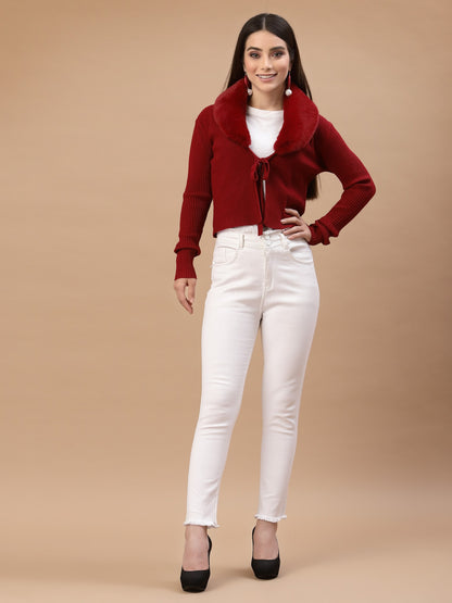 Mafadeny Women Mehroon Crop Cardigan with Fuzzy Detail