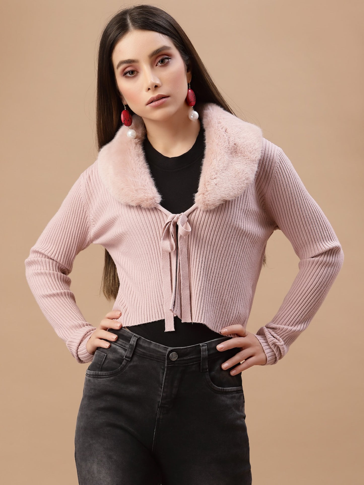 Mafadeny Women Peach Crop Cardigan with Fuzzy Detail