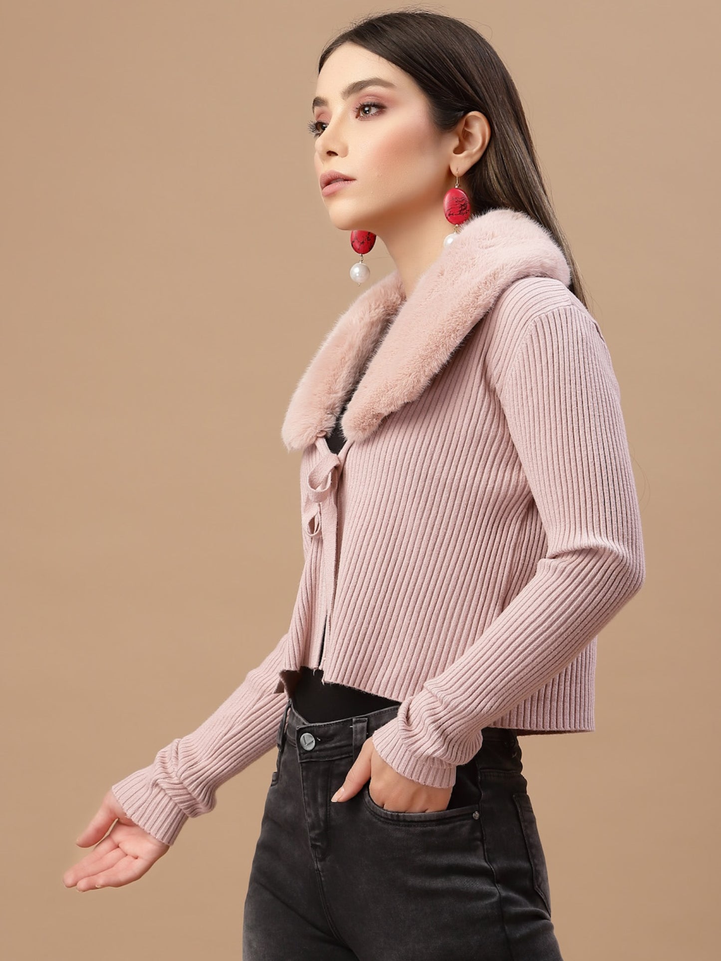 Mafadeny Women Peach Crop Cardigan with Fuzzy Detail