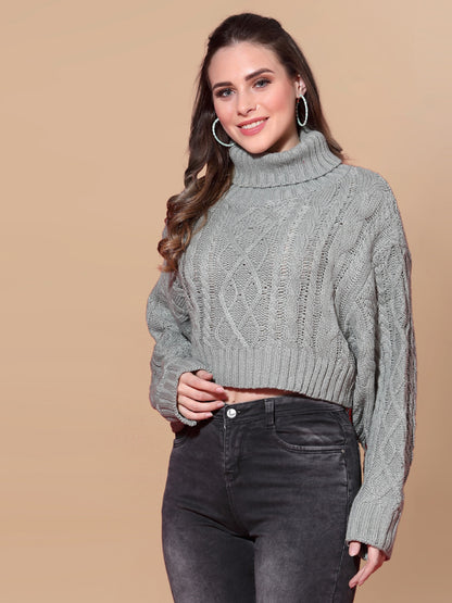 Mafadeny Women Grey Cable Knit Crop Pullover