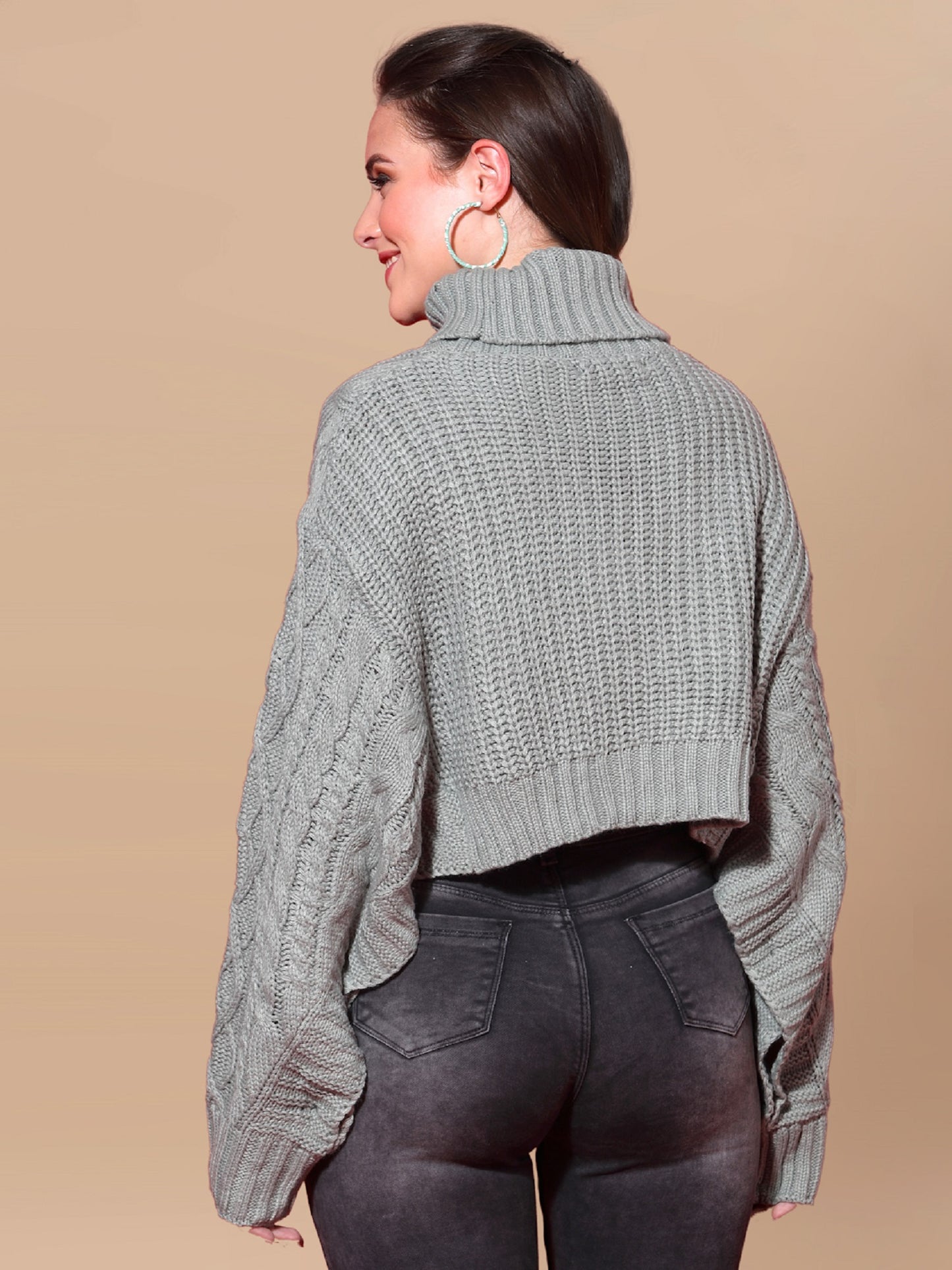 Mafadeny Women Grey Cable Knit Crop Pullover