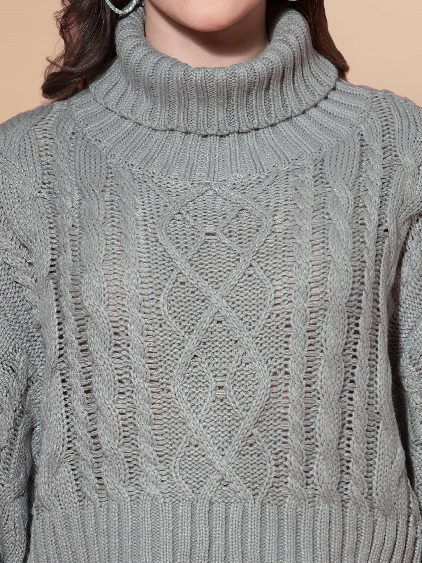 Mafadeny Women Grey Cable Knit Crop Pullover