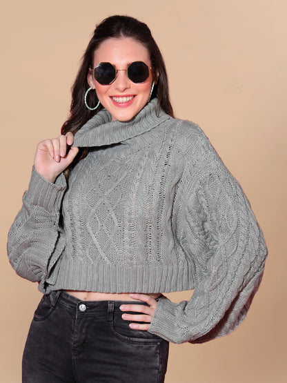 Mafadeny Women Grey Cable Knit Crop Pullover