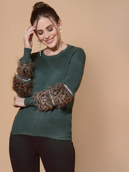 Mafadeny Women Green Floral Pullover