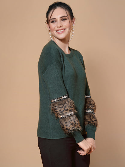 Mafadeny Women Green Floral Pullover