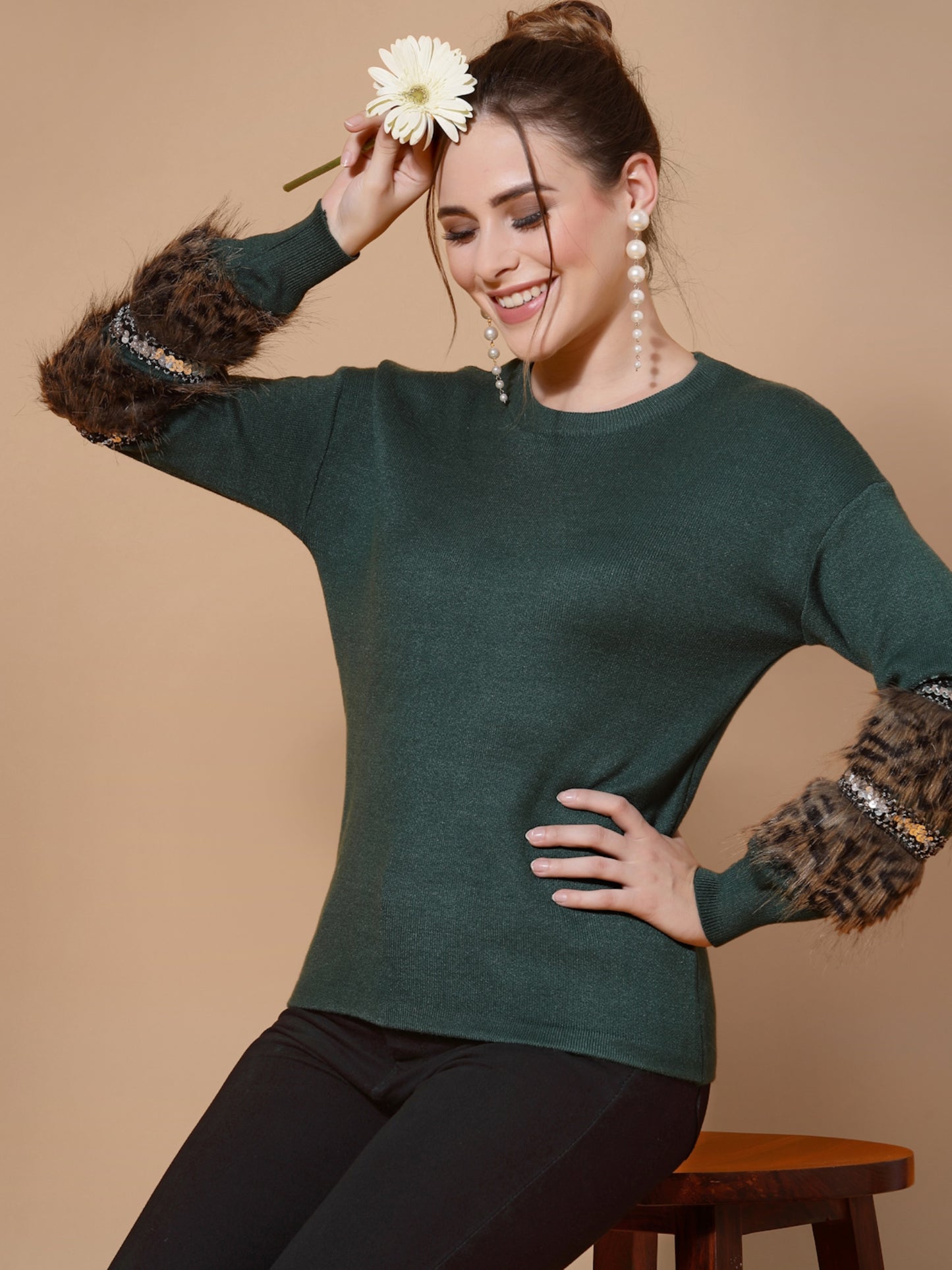 Mafadeny Women Green Floral Pullover