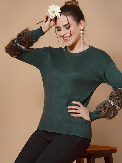 Mafadeny Women Green Floral Pullover