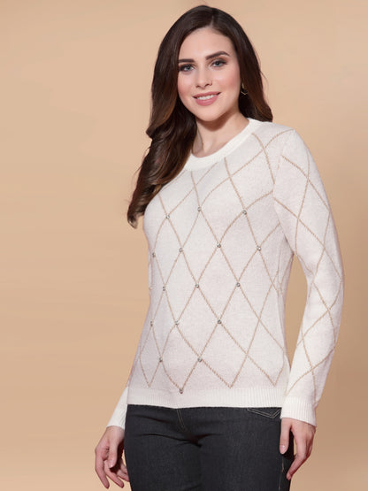 Mafadeny Women Cream-Coloured Checked Pullover with Embellished Detail