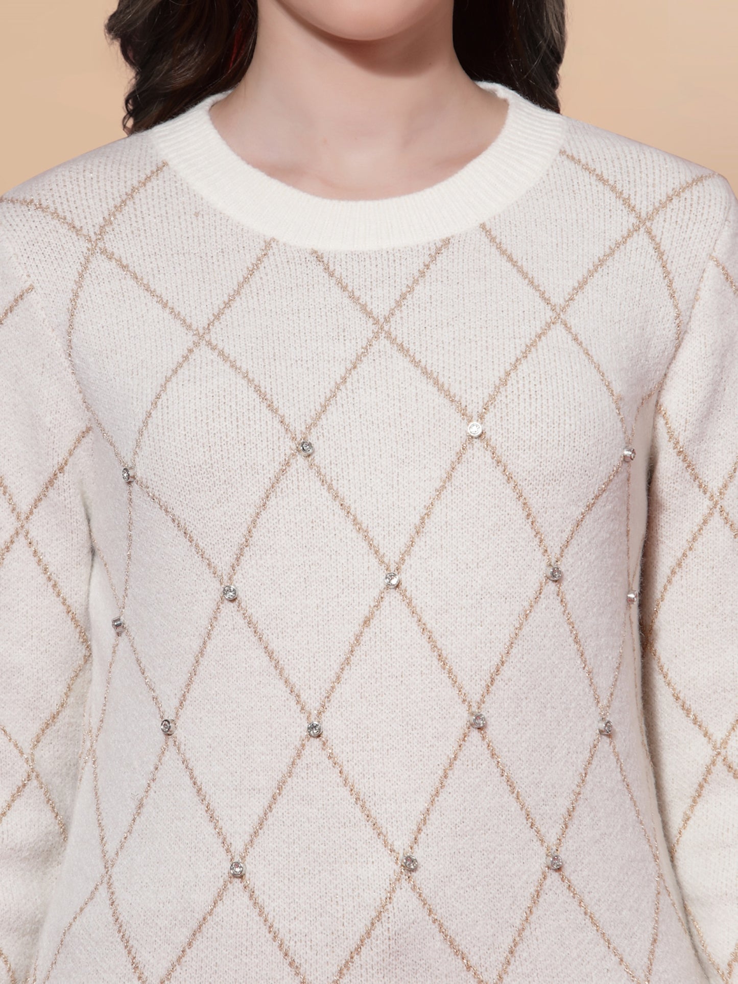 Mafadeny Women Cream-Coloured Checked Pullover with Embellished Detail