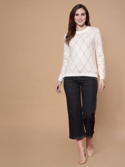 Mafadeny Women Cream-Coloured Checked Pullover with Embellished Detail