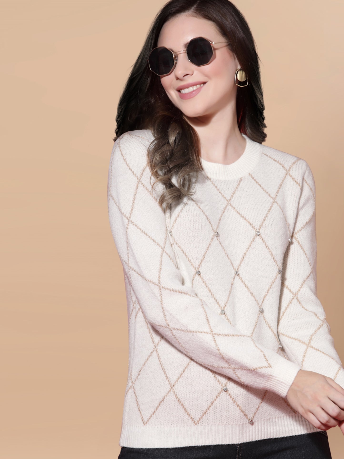 Mafadeny Women Cream-Coloured Checked Pullover with Embellished Detail