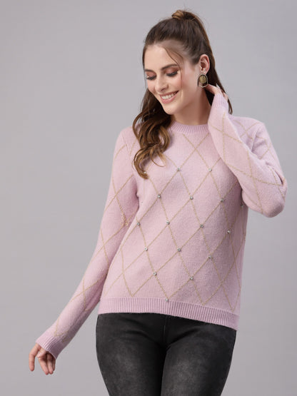 Mafadeny Women Pink Pullover with Embellished Detail