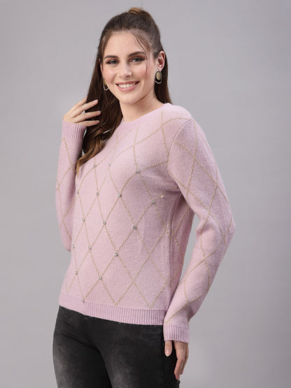 Mafadeny Women Pink Pullover with Embellished Detail