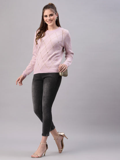 Mafadeny Women Pink Pullover with Embellished Detail