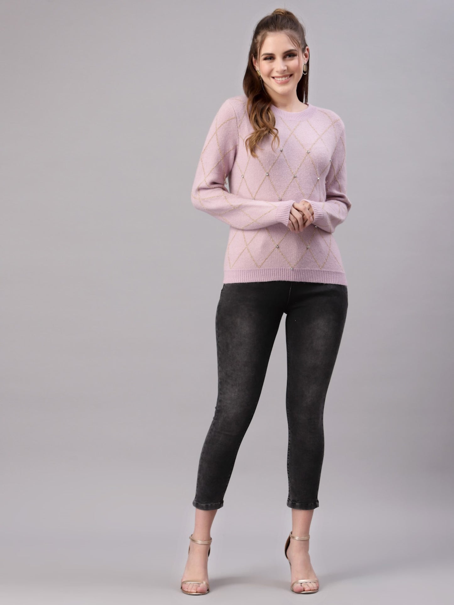 Mafadeny Women Pink Pullover with Embellished Detail