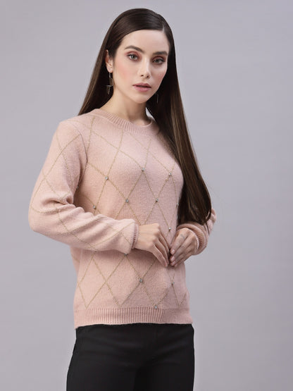 Mafadeny Women Peach Geometric Knit Design With Stone Embellished Detail Pullover