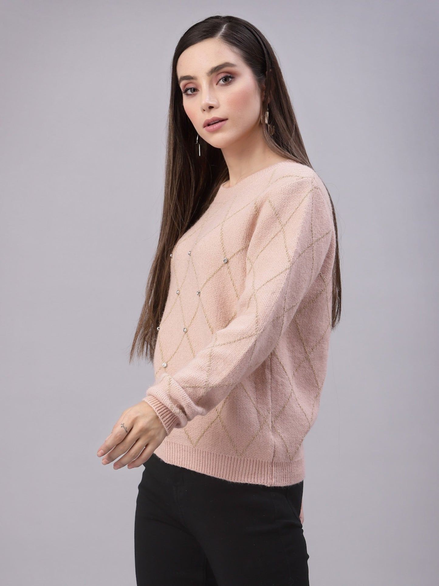 Mafadeny Women Peach Geometric Knit Design With Stone Embellished Detail Pullover