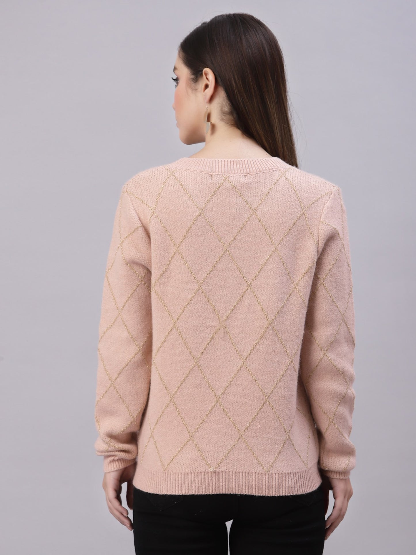 Mafadeny Women Peach Geometric Knit Design With Stone Embellished Detail Pullover