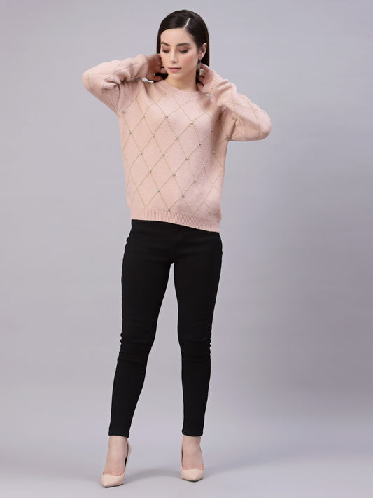 Mafadeny Women Peach Geometric Knit Design With Stone Embellished Detail Pullover