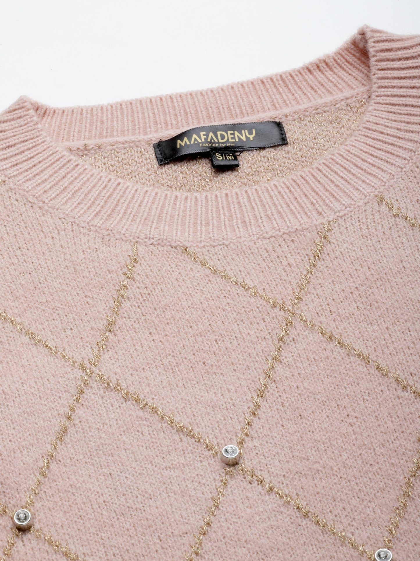 Mafadeny Women Peach Geometric Knit Design With Stone Embellished Detail Pullover