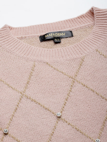 Mafadeny Women Peach Geometric Knit Design With Stone Embellished Detail Pullover