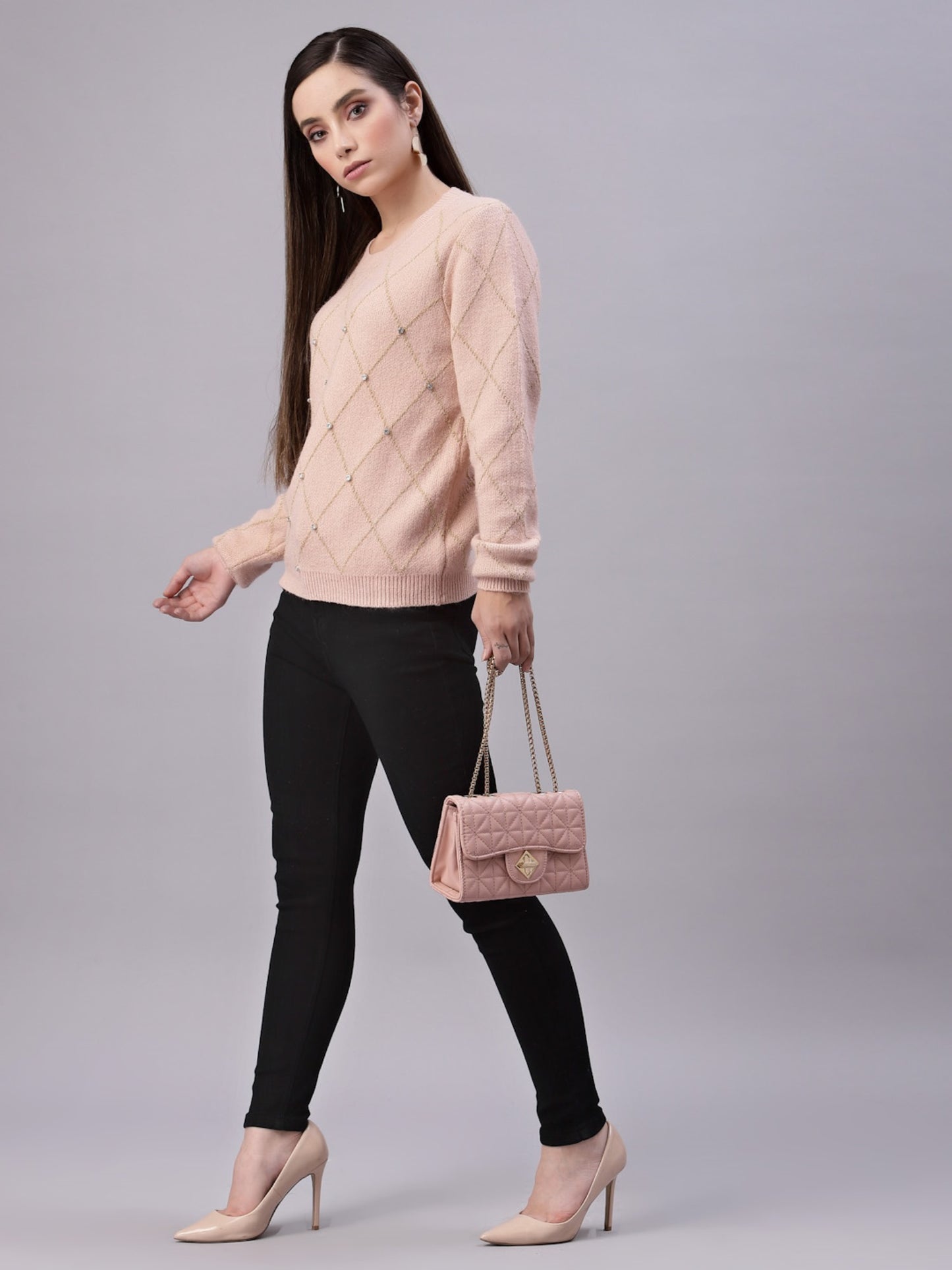 Mafadeny Women Peach Geometric Knit Design With Stone Embellished Detail Pullover