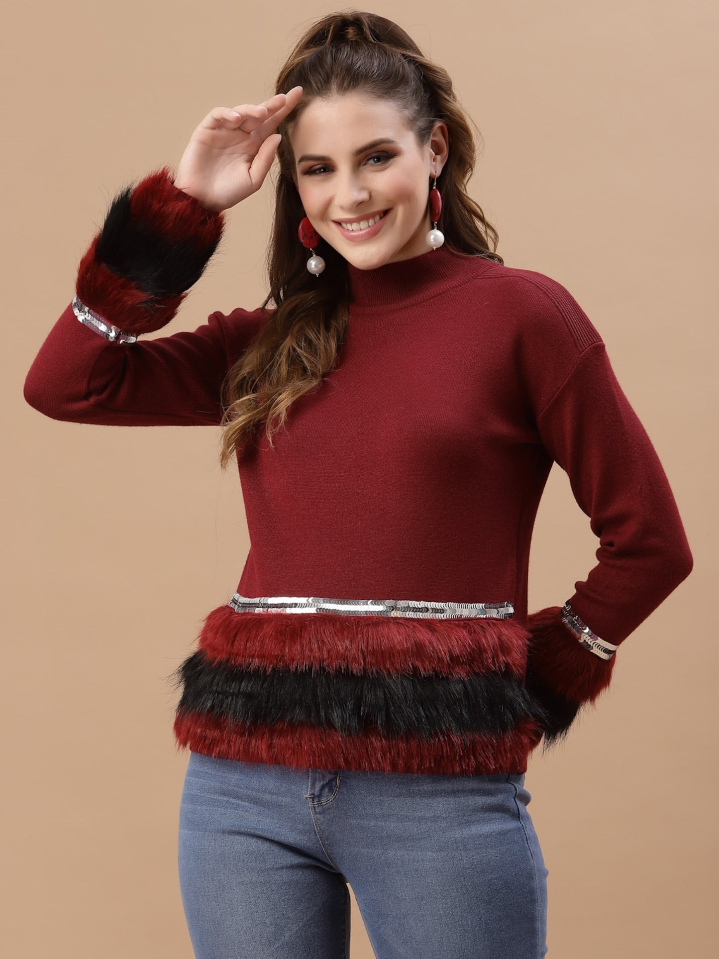 Mafadeny Women Maroon Solid Pullover With Fuzzy Detail