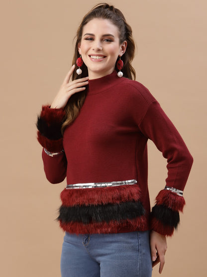 Mafadeny Women Maroon Solid Pullover With Fuzzy Detail