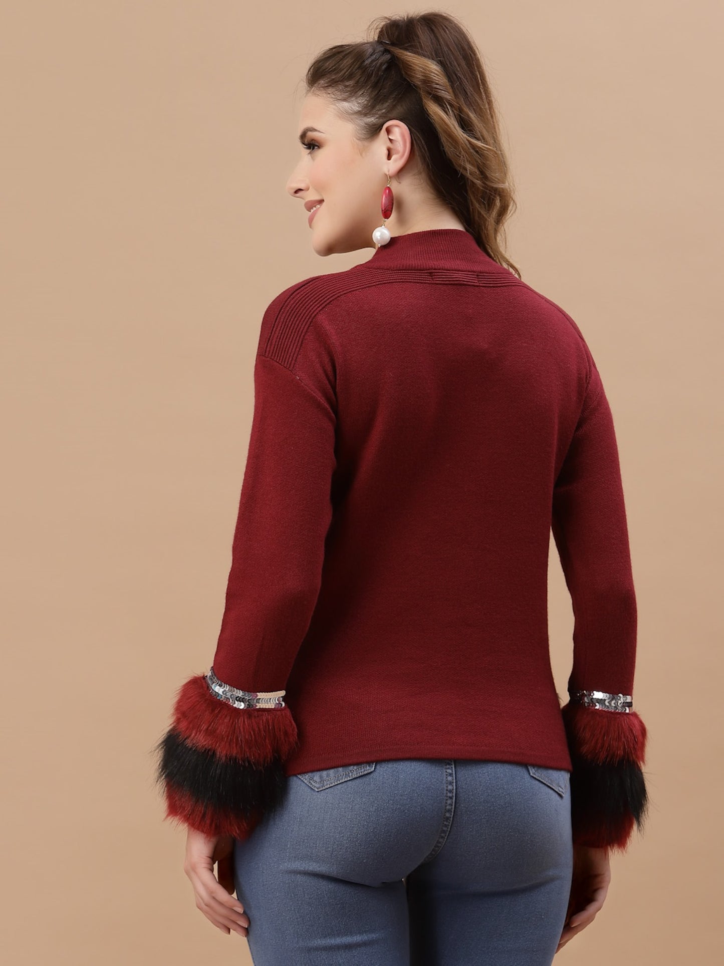 Mafadeny Women Maroon Solid Pullover With Fuzzy Detail