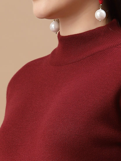 Mafadeny Women Maroon Solid Pullover With Fuzzy Detail