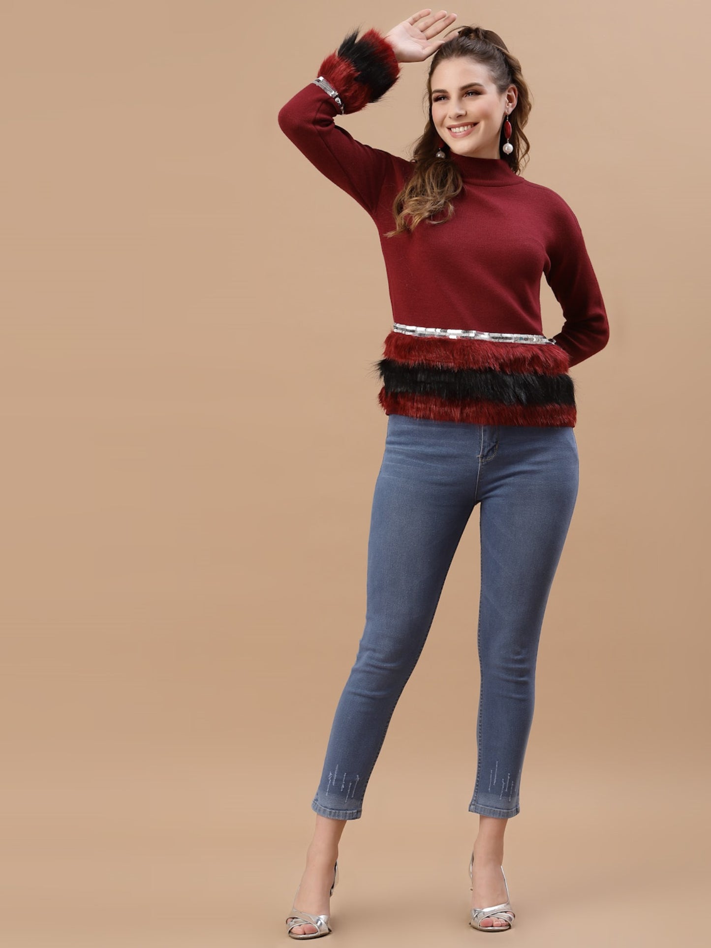 Mafadeny Women Maroon Solid Pullover With Fuzzy Detail