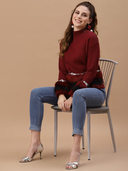 Mafadeny Women Maroon Solid Pullover With Fuzzy Detail