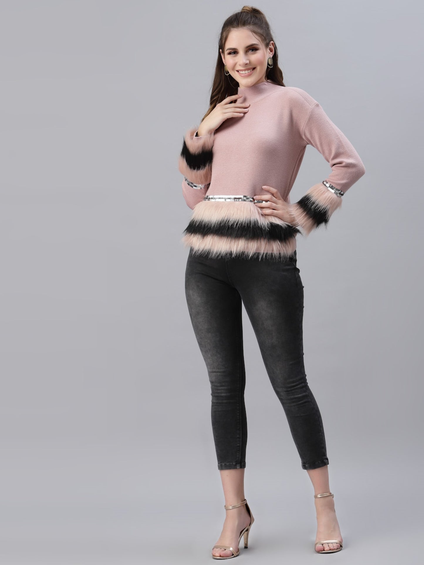 Mafadeny Women Peach-Coloured & Black Pullover