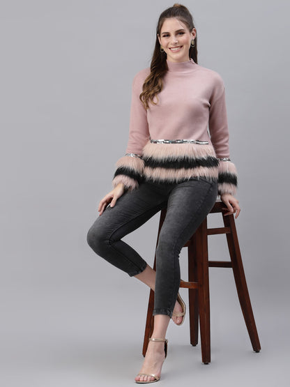 Mafadeny Women Peach-Coloured & Black Pullover