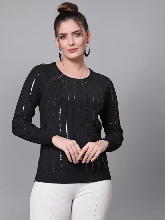 Mafadeny Women Black Pullover With Embellished Detail